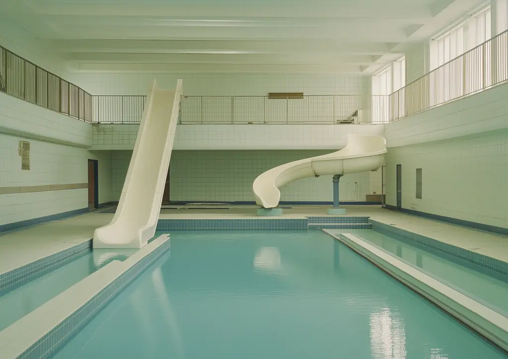 Imaginary abandoned training pool and water slide